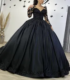 Gothic Black Ball Gown Wedding Dresses Lace Appliques Beaded Long Sleeves Satin Bridal Dress Sheer V-Neck Back Corset Vintage Plus Size Vestido De Novia