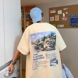 Camiseta de impressão gráfica da paisagem para homens Carta de rua de verão de algodão Tops de manga curta Moda de hip hop y2k camiseta de tamanho grande 240410