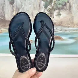 Rene Caovilla Rhinestone Crystal Bowtie Sandallar Flip Flop Düz Topuklu Yuvarlak Toe Toe Toe Deri Deri En Kalite Sıradan Ayakkabı Partisi Sandal Boyutu35-43 089