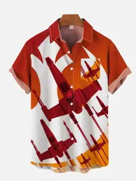 남성용 캐주얼 셔츠 레트로 그라디언트 오렌지 포스터 공상 과학 인터 스텔라 여행 우주선 프린트 가슴 주머니 짧은 슬리브 셔츠 여분의 큰 크기 S-5XL 240424