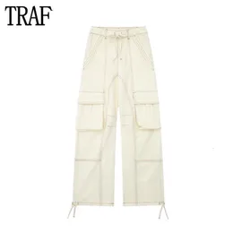 TRAF 2024 pantaloni da carico per donne pantaloni a gamba a gamba beige Donne estate ad alta vita pantaloni per le festività casual pantaloni carenti 240420