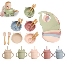 5 Pc/set Silicone Feeding Bowl Tableware Set Cute Cat Silicone Suction Bowl with Spoon Sippy Cup Bib Waterproof Kitchenware 240416