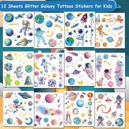 Tattoo Transfer 12 Sheets Glitter Galiter Tattoos for Kids Outer Space Tattoo Stato Doato Party Party Favors Girls Boys Gifts School Juds 240426