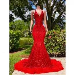 Sirena arabica sexy ragazza nera da ballo vestito con paillettes rosse eleganti abiti da sera di piume senza schienale lunghi abiti formali abiti da soiree bc bc