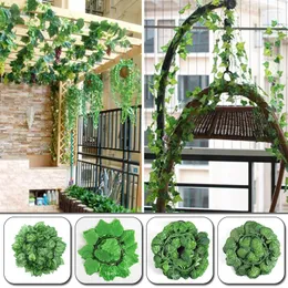 装飾的な花2.3m人工緑の植物アイビーリーフガーランドシミュレーションレイタンブドウ壁ぶら下がっているつるホームガーデンウェディングパーティー