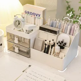 Desktop Transparent Cosmetics Storage Box Organizer with Drawers Pen Holder Stationary Rack for Office Desks 240415