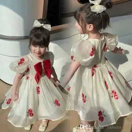 여름 아이의 옷 여자 달콤한 공주 드레스 귀여운 3D 활 치마 짧은 소매 A- 라인 패션 드레스 어린이 의류 3-8Y