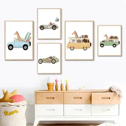 Giraffe Elefantenbär Tierwagen Reiseberechter Wandkunst Leinwand Malerei Nordische Plakate und Drucke Bilder Kinderzimmer Dekor 240426