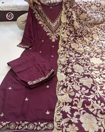 Etnik Giyim El Yapımı Kurti Pant Dupatta Düğün Festivali Giyim Dikişli Salwar Kameez