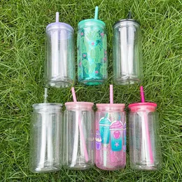 BPA free pre-drilled 12oz inner 16oz outer snow globe glitter plastic soda can USA warehouse double walled acrylic iced coffee cups with silicone plug