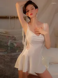 캐주얼 드레스 깊은 V 로우 컷 스윙 목 속 중공 패션 리본 섹시한 오픈 백 서스펜트 드레스 실크 스 플라이 싱 거즈 느슨한 snvu