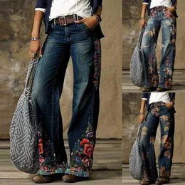 Nya designer kvinnor Autumn Winter Elegant Floral Print Denim Pants Casual Plus Size Lose Jeans Vintage Ladies Wide Leg Jean Trouser