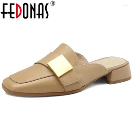 Casual Shoes FEDONAS Women Pumps Office Ladies Mules Low Heels Genuine Leather Metal Decoration Slipper Woman Spring Summer