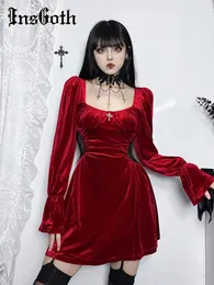 Vestidos casuais INSGOTH GOTHIC RUCHED PARECENDO VESTIDO VELVET VELEDEM MULHERES MULHERES VINTAGE SQUECA LONG LANTERN MINI CONSELHO DE CASAMENTO