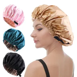 Ny satinhårmössa för att sova osynligt platt imitation Silk Round Haircare Women Headwear Ceremony Justering Button Night Hat