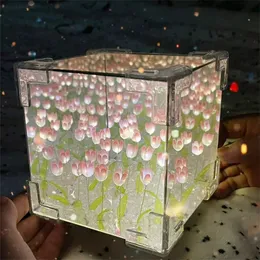Romantic Tulip Flower Box Handmade Led Night Light DIY Material Package Bed Desktop Ornament Mirror Living Room Decor 240418