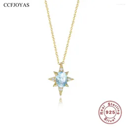 Подвески Ccfjoyas 925 Серебряное серебро геометрическое восьмиугольное ожерелье для женщин для женщин Простая небо голубое циркон