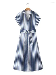 Partykleider Fithohinling Striped Slim A-Line Midi mit Belt Fashion Shirt Kleid Frauen Kleidung Freizeitknöpfe auf Vestidos Femme 2024