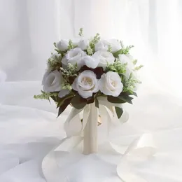 Bridal Bridesmaid Wedding Bouquet White Silk Flowers Roses Rosa artificiale Mariage Bouquet Accessori per matrimoni 240425