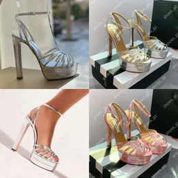 플랫폼 Aquazura Pumps Sandals 슈퍼 하이 청크 블록 힐 오픈 트 좁은 밴드 여성 디자이너 특허 가죽 아웃솔 이브닝 신발 원래 품질