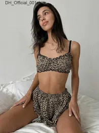 Seksowna zestaw Hiloc Leopard Printed Women Pajama Seksowny 2-częściowy zestaw z plisowanym włoskim spaghetti pasek na ramię stanik Bra Casual Summer Shorts 2024 Q240426
