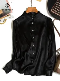 Kadınlar bluzlar Birdtree ağır dut ipek gömlek jacquard saten uzun kollu bluz erken sonbahar mizaç siyah üstleri t36050qc