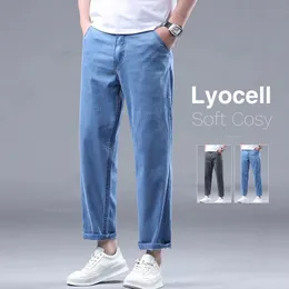 Sommerstil Herren gerade lässige dünne Jeans Lyocell Weiche Stoff Denim Anklelength Hosen Männlich 240425