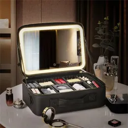 Women LED Light Cosmetic Bag Mirror Cosmetic Case Travel Vanity Bag Large Capacity Portable Travel Makeup Bags for Women 240412