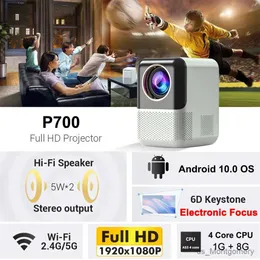 프로젝터 P700 스마트 안드로이드 프로젝터 1080p 비디오 디코딩 전자 초점 Wi -Fi Mini 휴대용 홈 시네마 야외 파티 비머