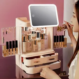 Förvaringslådor europeisk stil makeup arrangör roterande låd smycken plast med LED -ljus spegel lådor verktyg