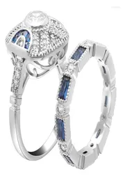 Обручальные кольца роскошные королевские голубые кубические циркониевые кольцевые набор Femme преувеличенные микроэлементы Micro Pave Bands Коктейль для женщин 8208534