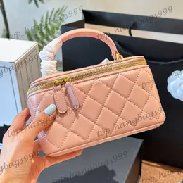 24P Üst Deri Tapı Totes Makyaj Vanity Kutu Çantalar Ayna Kuzu Halin Elmas Kafesli Fermuar Fermuarı Çanta Kart Tutucu Büyük Kapasiteli Altın Zincir Crossbody Çantalar 17cm