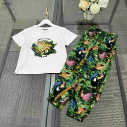 Fashion baby tracksuits Summer kids designer clothes Size 100-160 CM Money Leopard Pattern Printed T-shirt and Green Pants 24April