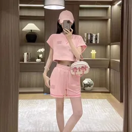 Two Piece Set Tracksuit Women Pink Miumi Clothes Minimalist Casual Letter Diamond Short Tshirt Lazy Shorts Set