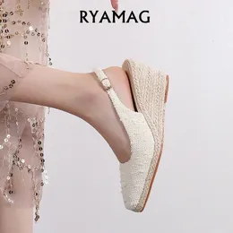 Ryamag Women Sandals Summer Wedge Espadrilles كعب سميك أسفل إصبع القدم مربع أحذية قش عالي الكعب المنسوج القنب 240423