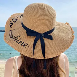 Chapéus de balde largura Chapéus de balde Novo Summer Summer praia str hat hat corean Beach Brim Sunblock Sunset Holiday Fashion Big Cool Bow Hat J240425