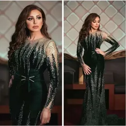 Ebi Arabic Angham luxuoso aso miçangas de sereia vestidos de noite ilusão mangas compridas cristais veetam partido formal segunda recepção vestidos de recepção