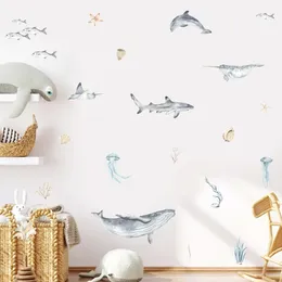 Whale Shark Dolphin Starfish Jellyfish Akvarell Väggklistermärken Borttagbar vinyldekal Mural Nursery Kids Room Home Decor 240426