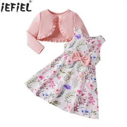 Set di abbigliamento per bambini ragazze primaverili casual casual vestito con stampa floreale con maniche lunghe Cardigan Coat Daily School Party Costume