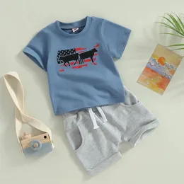Kläder sätter västra baby pojke sommarkläder ko tryck kort ärm t-shirt topp shorts set 2 st spädbarn småbarn cowboy kläder