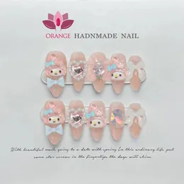 Handgjorda rosa press på naglar söt korea återanvändbar dekoration falsk nagel full täckning konstgjord manikuree bärbar orange nagelbutik 240411