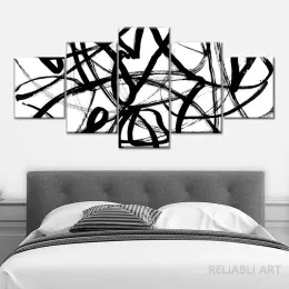 5 Panels moderne schwarze weiße abstrakte Wandkunst einfache Linie Dekorative Leinwand Malerei Wanddekor für Wohnzimmer Büro kein Rahmen