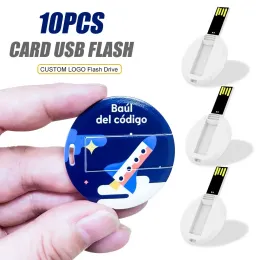 Drives 10pcs/Lot Mini Round Card USB Flash Drive 2GB 4GB 8GB 16 ГБ 32 ГБ USB -карта Флэш -накопитель Настройка печати разноцветный логотип для подарока