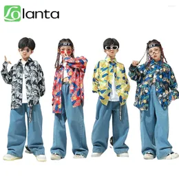 Clothing Sets LOlanta Children's Street Dance Girls Retro Floral Shirt Jeans Set Students Boys' Jazz Hip Hop Performance Outfit Casua
