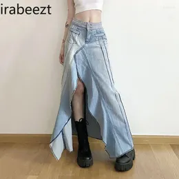 Röcke Irabeezt American Retro Frauenrock Streetwear Ruffen geteilt Denim mit hoher taillierter dünner Mädchen weibliche trendige Kleidung