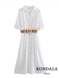 Kondala Chic Solid White Button Belt Slim Split Women Dress Fashion Summity Summit