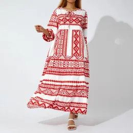 파티 드레스 여성 여름 패션 Boho Maxi 드레스 기하학적 인쇄 레이스 업 O-Neck 퍼프 슬리브 스윙 Losse Holiday Beach Sundress