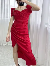 Self Portrait Summer Pure Color Panelled Dress Red Short Sleeve V-Neck Midi Casual Dresses G4A2315