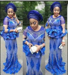 2018プラスサイズアフリカンロイヤルブルーの人魚のイブニングドレスパールビーズナイジェリアのレースアップリケaso ebi prom gowns mother of the B9995038