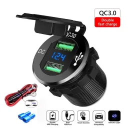 Laddare 12/24V Aluminium Metal 36W QC3.0 Dual USB Car Motor Charger Socket Waterproof med Voltmeter Switch Snabb laddning Adapter